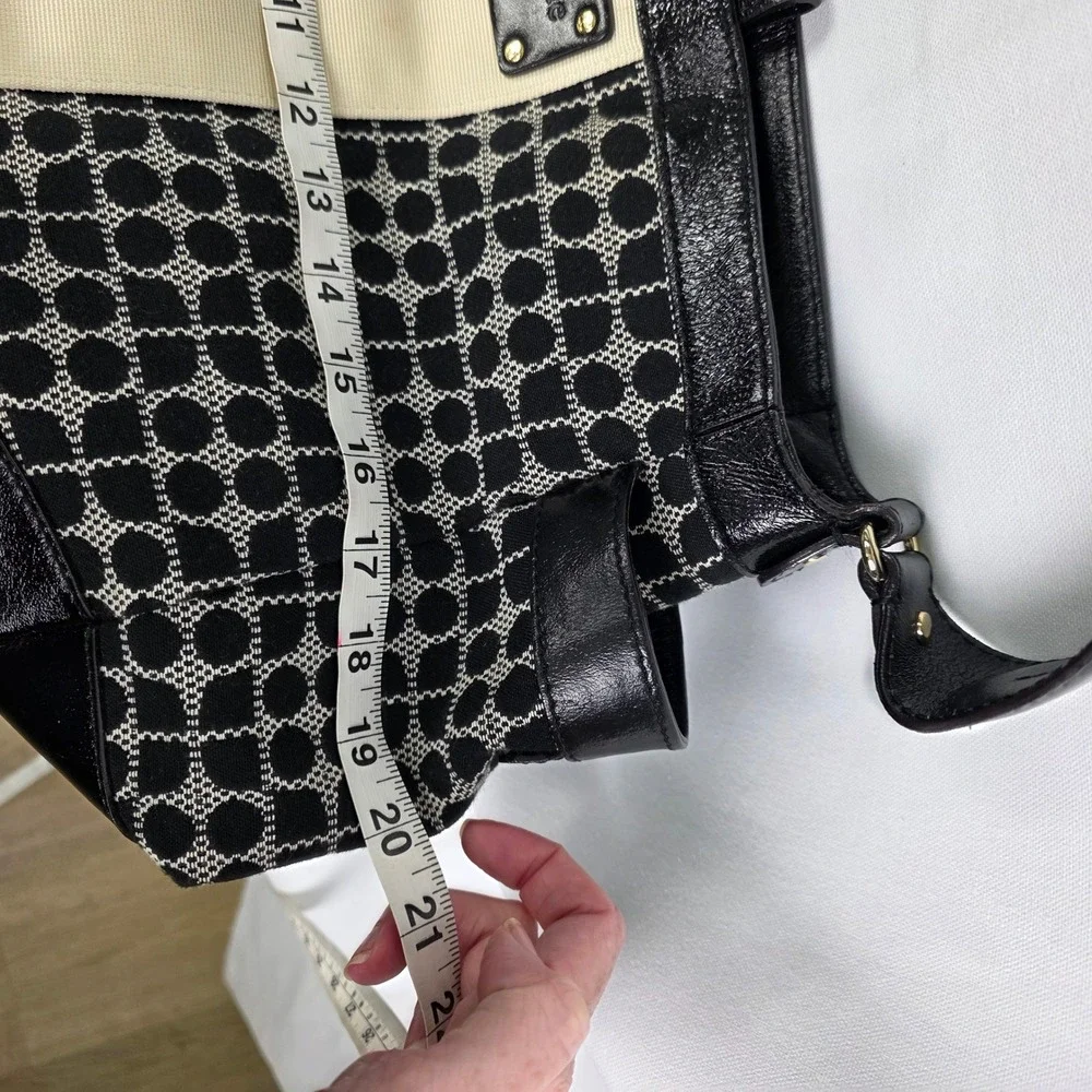 Kate Spade Black Cream‎ Spade Dot Jacquard Stripe Leather Trim Shoulder Bag Tote